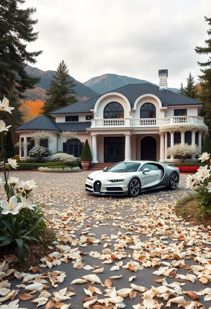 Luxury car and large mansion surrounded by trees and autumn leaves