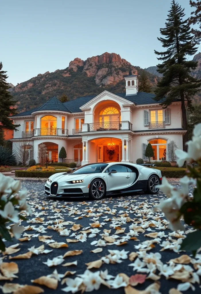 Lit-up mansion with luxury sports car parked outside in the evening