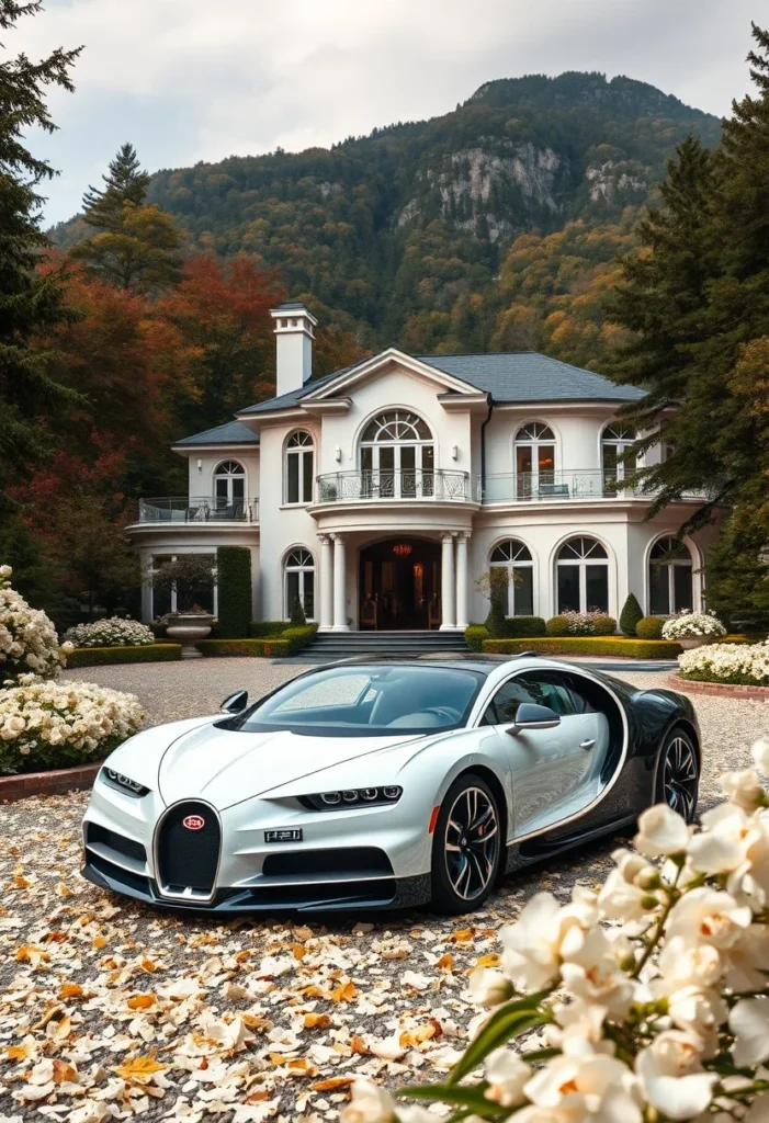 Luxury car parked in front of large mansion surrounded by forest