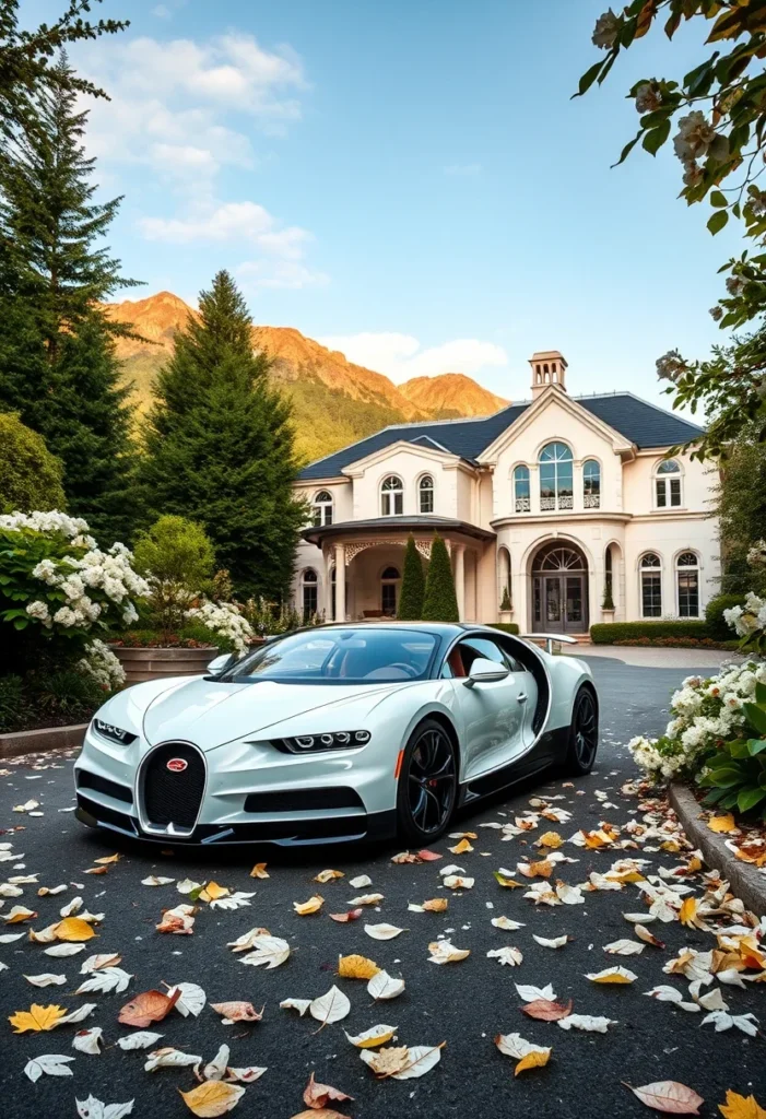 Modern mansion with a Bugatti Chiron or similar model parked in the driveway