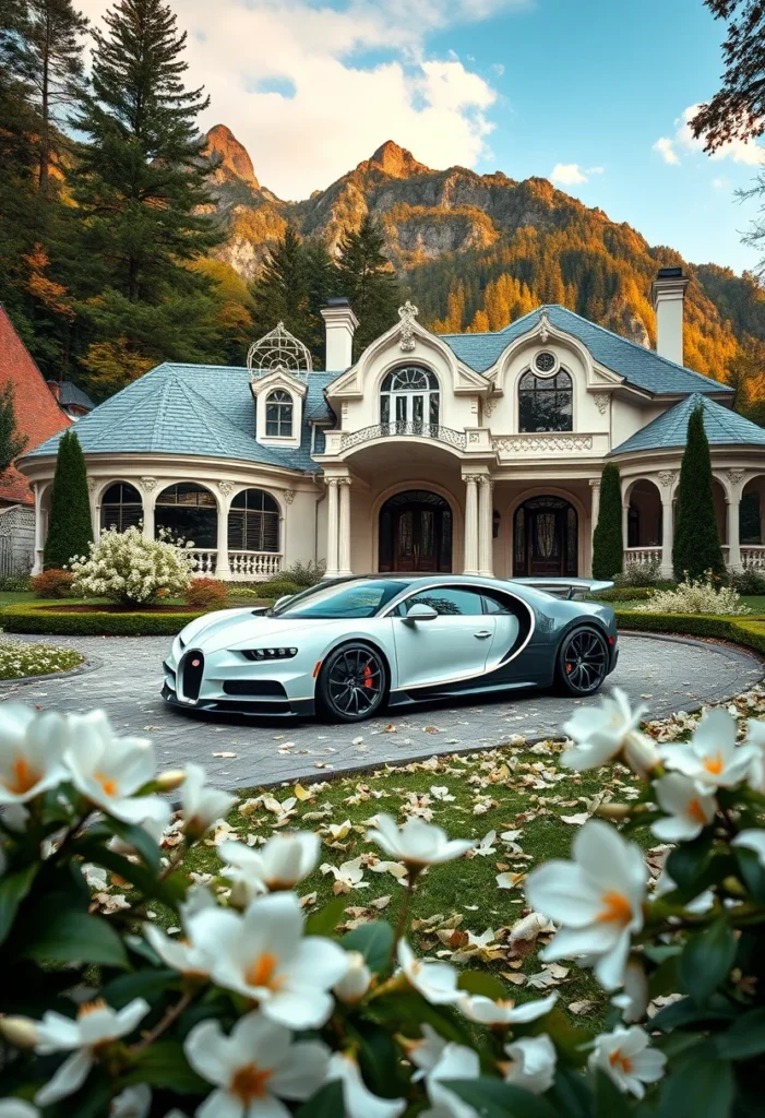 Luxury home with unique architectural details and a high-performance sports car