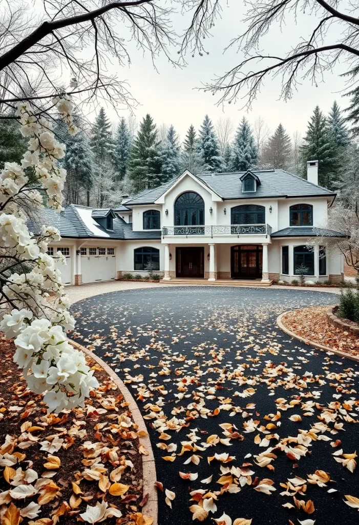 Ultra-modern mansion design ideas, white exterior with black accents, snowy landscape inspiration for dream home.