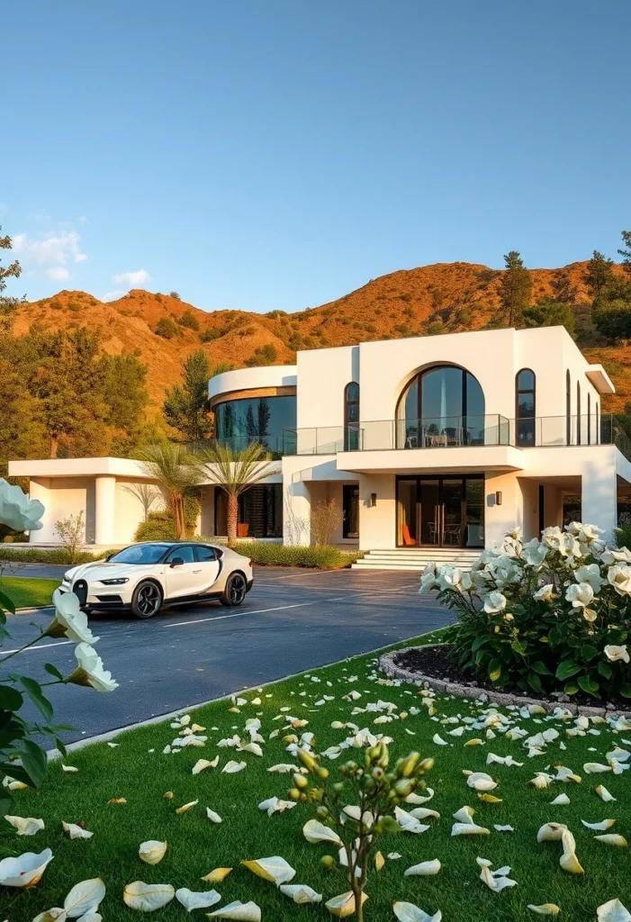 Modern desert mansion, minimalist luxury dream home, ultra-modern house design with hill view.