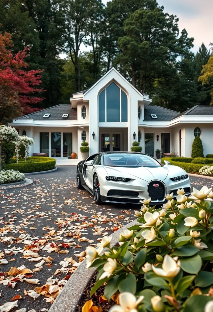 Modern mansion with gothic arch window, luxury dream home with circular driveway, unique ultra-modern house design.