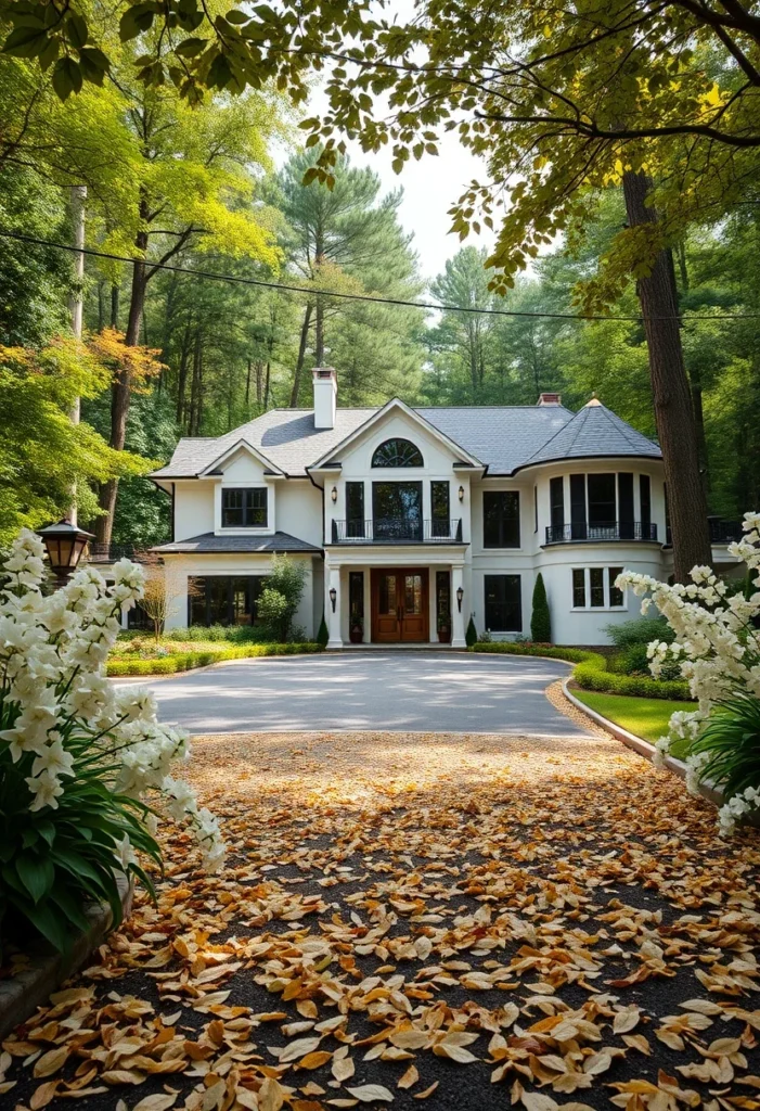 Modern mansion nestled in woods, luxury home design inspiration, dream home with natural elements.