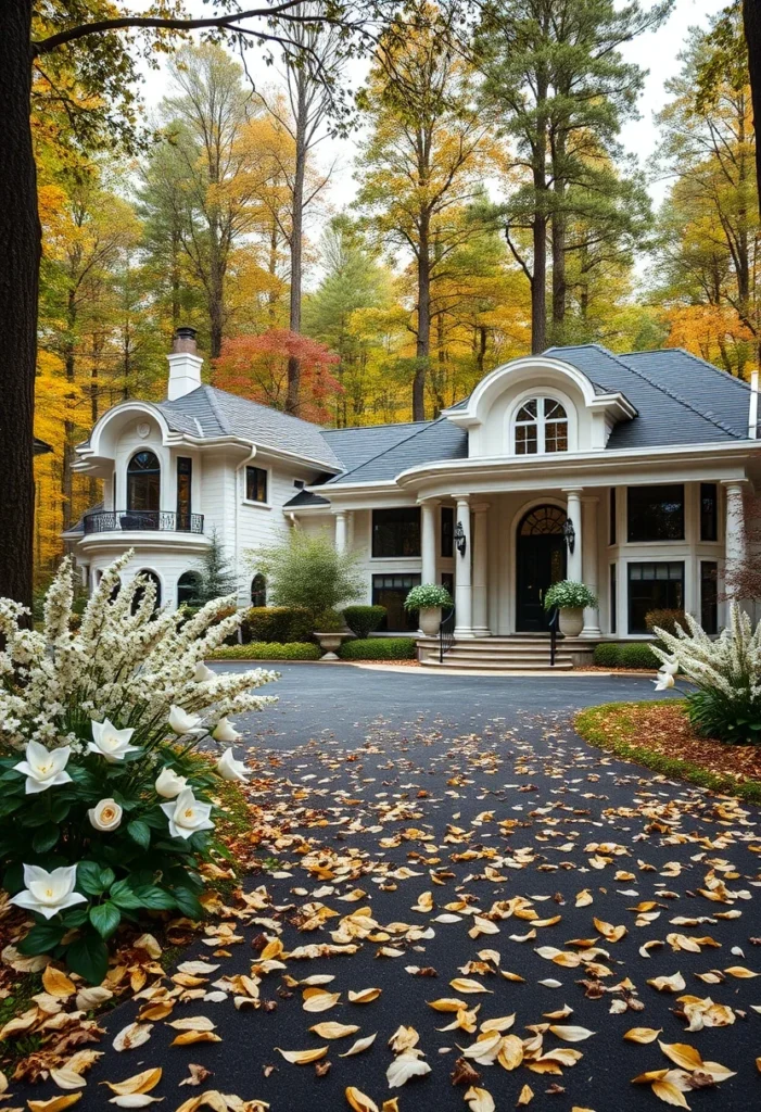 Luxury dream home with classic and modern elements, mansion surrounded by autumn trees, ultra-modern house design inspiration.