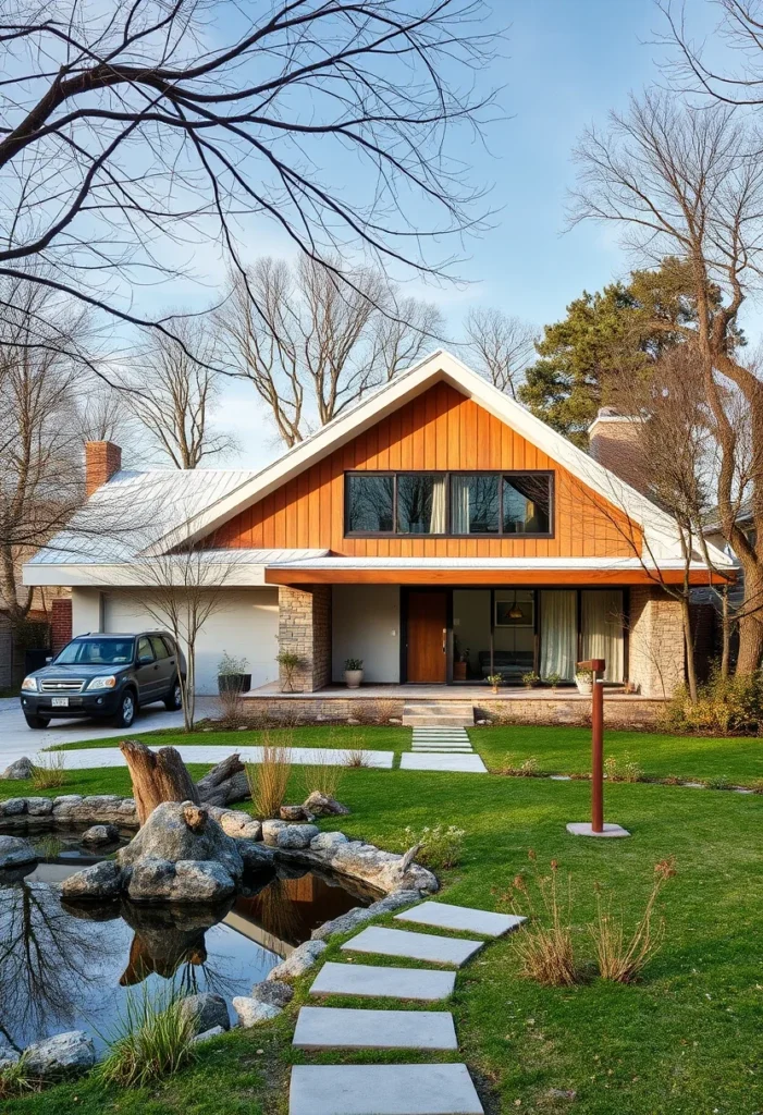 Timeless Mid-Century House Exterior with Wood Paneling, Stone Accents, and Landscaped Yard.