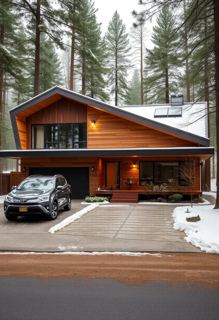 Mid-Century Home with Prominent Eaves, Wood and Dark Trim, in a Snowy Landscape.