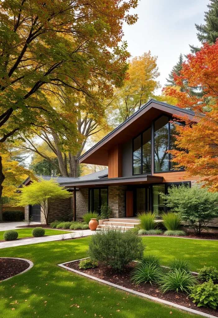 Mid-Century Modern House in Autumn with Stone and Wood Exterior, Framed by Fall Foliage.