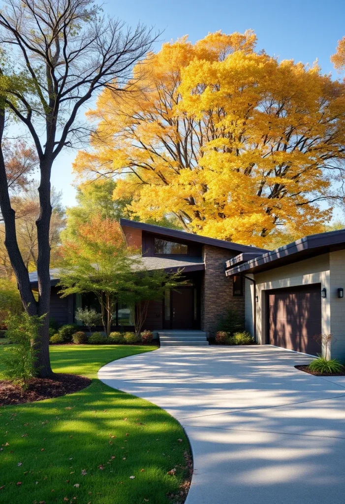 Mid-Century Modern Home with Unique Curved Driveway and Fall Landscape Setting.