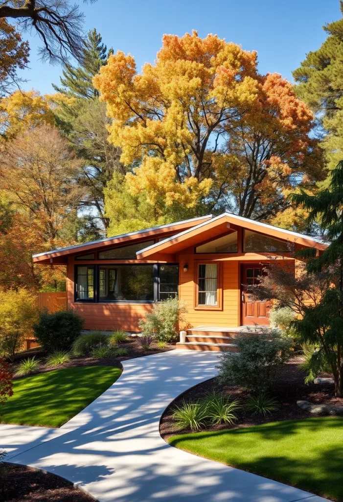 Symmetrical Mid-Century Modern House with Natural Wood Facade and Clerestory Windows.