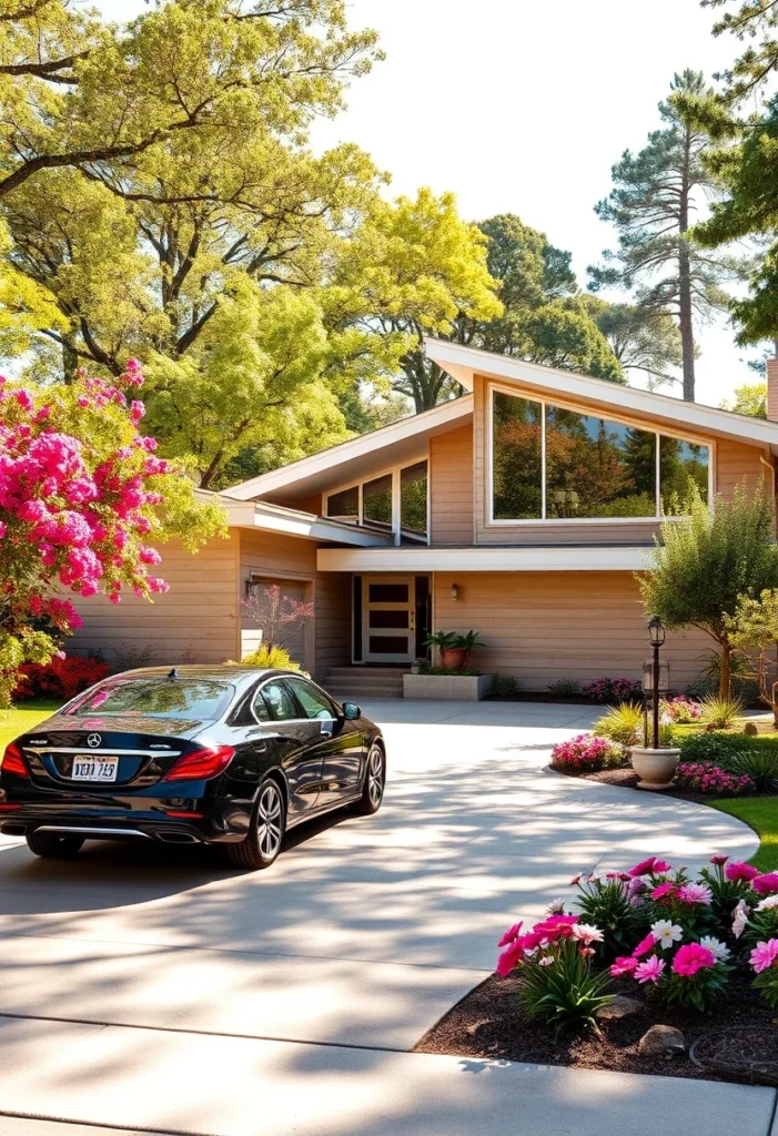 Mid-Century Modern House with Extended Eaves, Large Windows, and Circular Driveway.