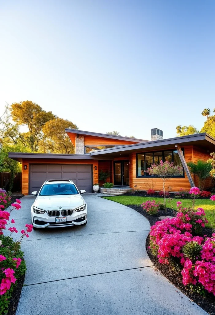 Mid-Century Modern House with Natural Stone Accents, Low-Pitched Roof, and Circular Driveway.