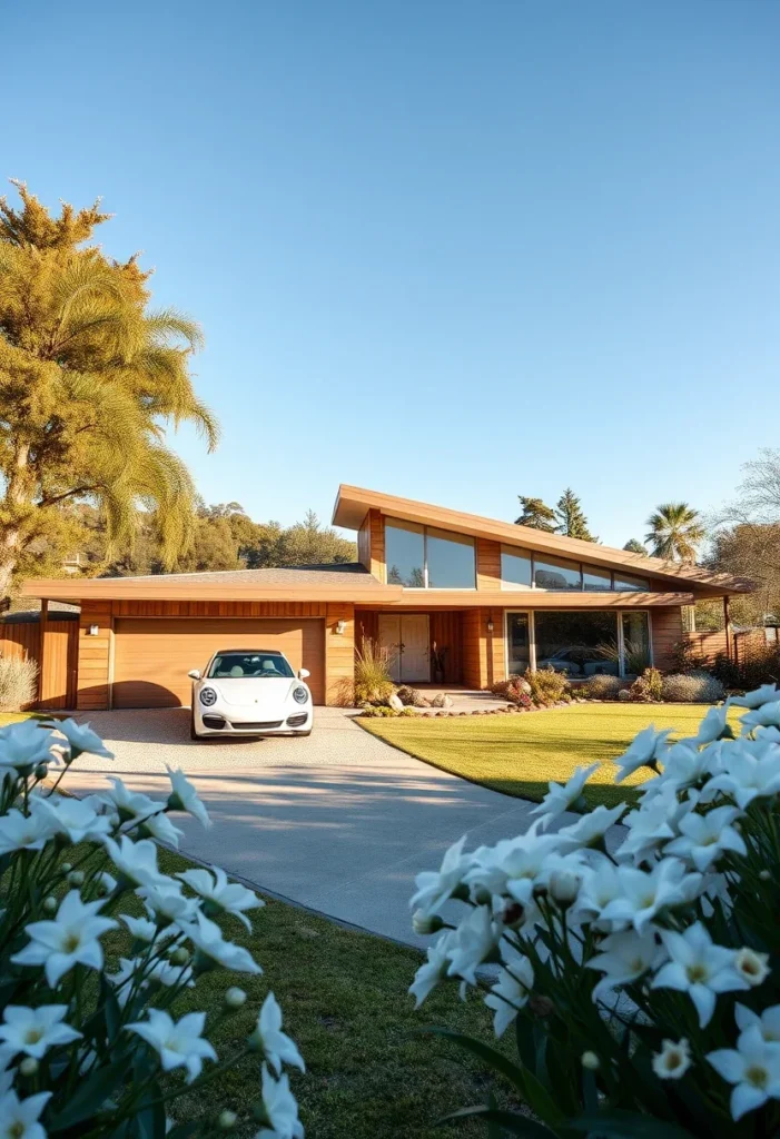 Mid-Century Modern Home with Integrated Wood and Glass Design, Large Windows, and Landscaped Front Yard.