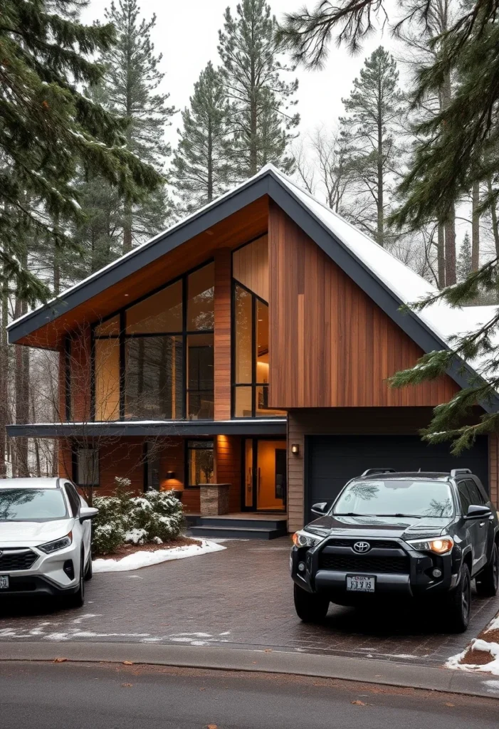 Modern A-Frame Mid-Century Inspired Home with Soaring Roofline, Expansive Glass Wall, and Snowy Setting.