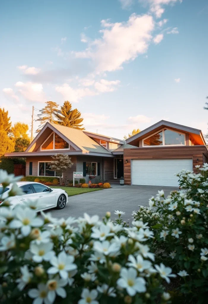 Mid-Century Modern Home with Angled Roof, Clerestory Windows, and Blooming Front Garden