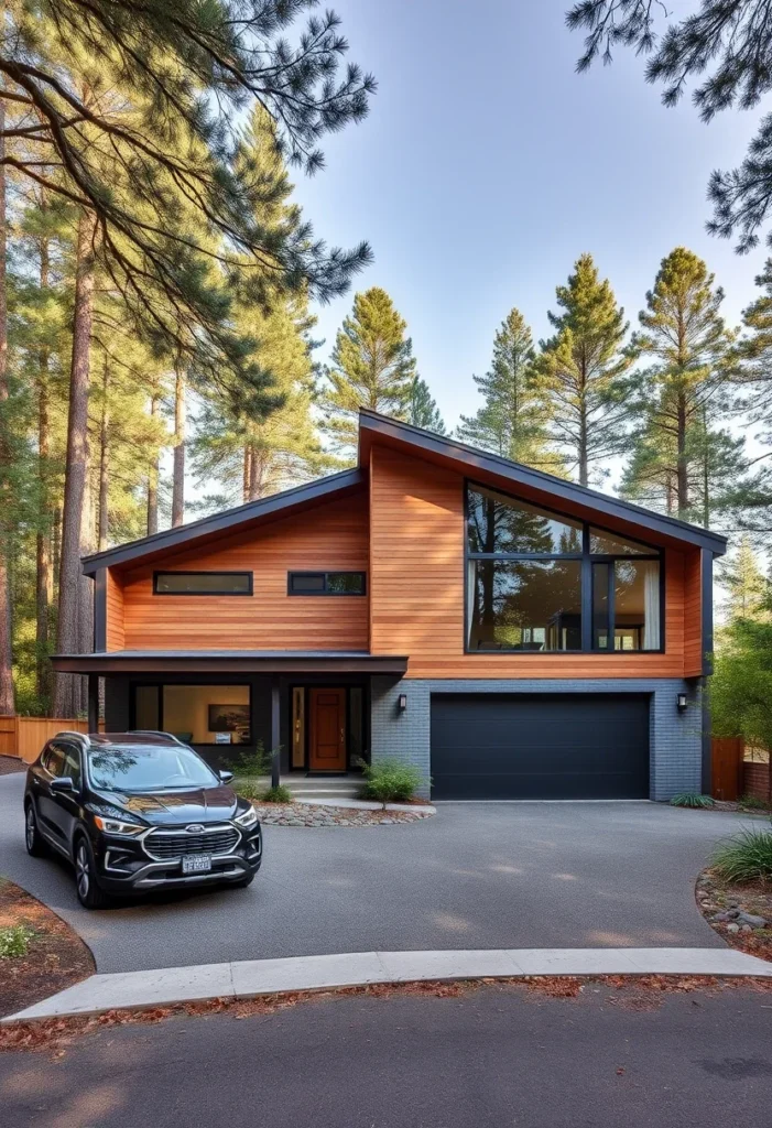 Modern Wooden Mid-Century Inspired Home with Asymmetrical Roofline, Nestled in a Forest Setting.