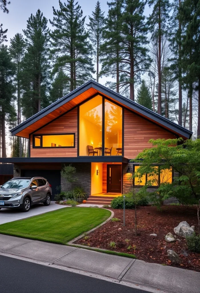 Mid-Century Modern Home at Dusk with Glowing Interior, Warm Wood Siding, and Large Windows.