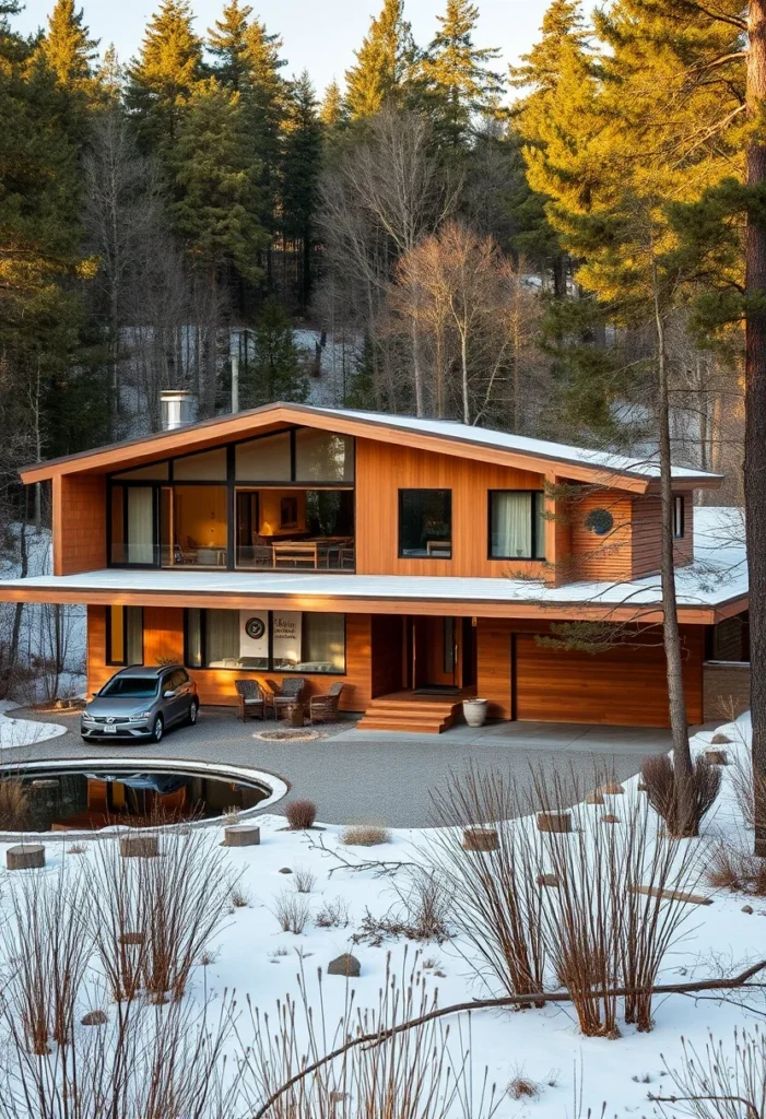 Multi-Level Mid-Century Modern Home in Winter with Expansive Windows, Open Terrace, and Snowy Landscape.