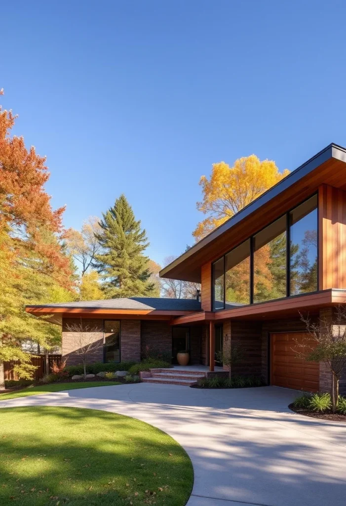 Mid-Century Modern Home with Dramatically Sloped Roof, Expansive Windows, and Concrete Driveway.