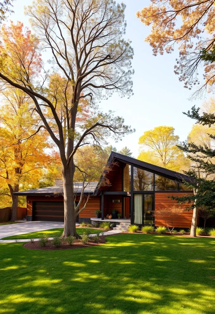 Modern A-Frame Mid-Century Inspired Home with Angled Roof, Glass Wall, Surrounded by Fall Foliage.