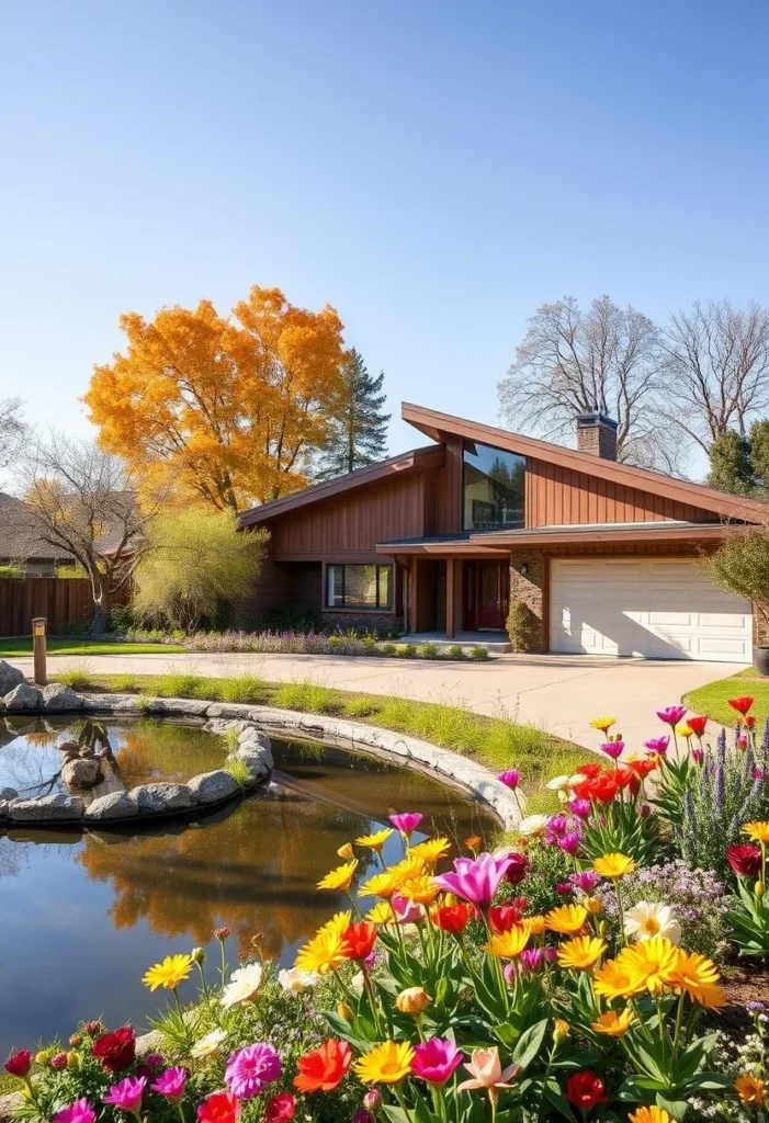 Mid-Century Modern Home with Angled Roof, Front Yard Pond, and Colorful Landscaping.