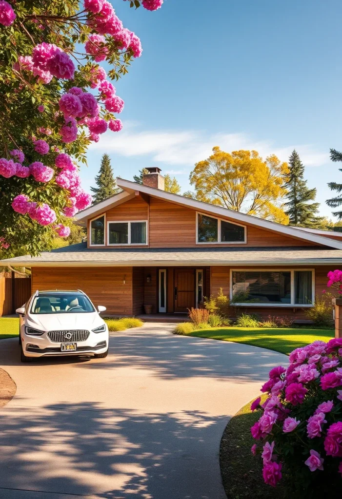 Mid-Century Modern House with Clerestory Windows, Wood Siding, and Circular Driveway, Framed by Flowers.