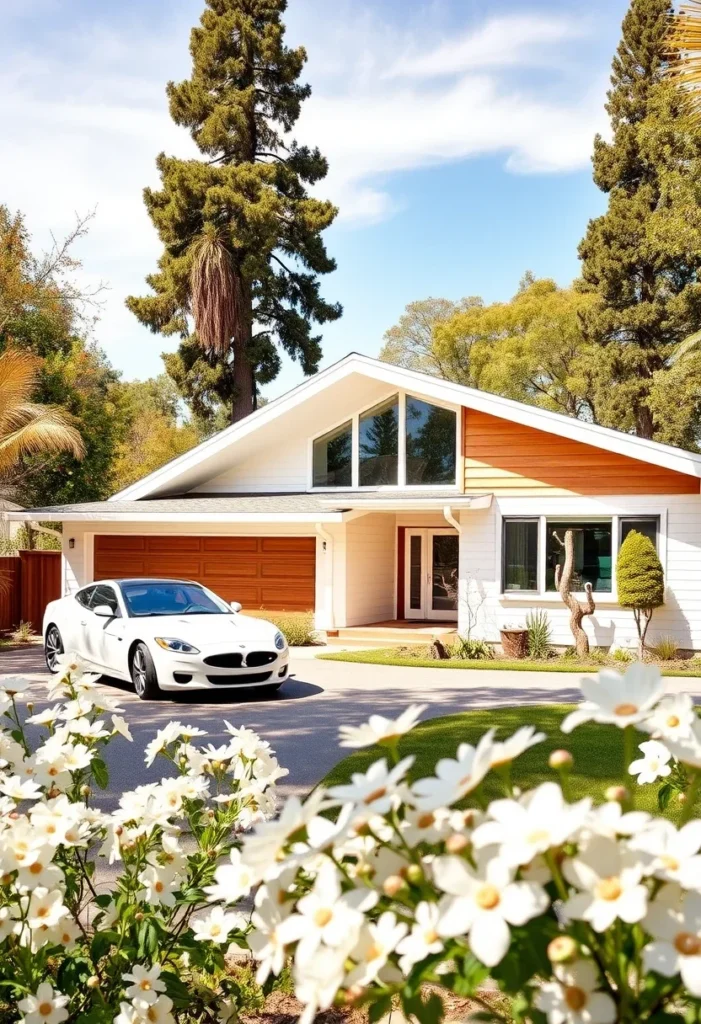 Mid-Century Modern Home with Striking White Facade, Angled Windows, Wood Accents, and Landscaped Front Yard.