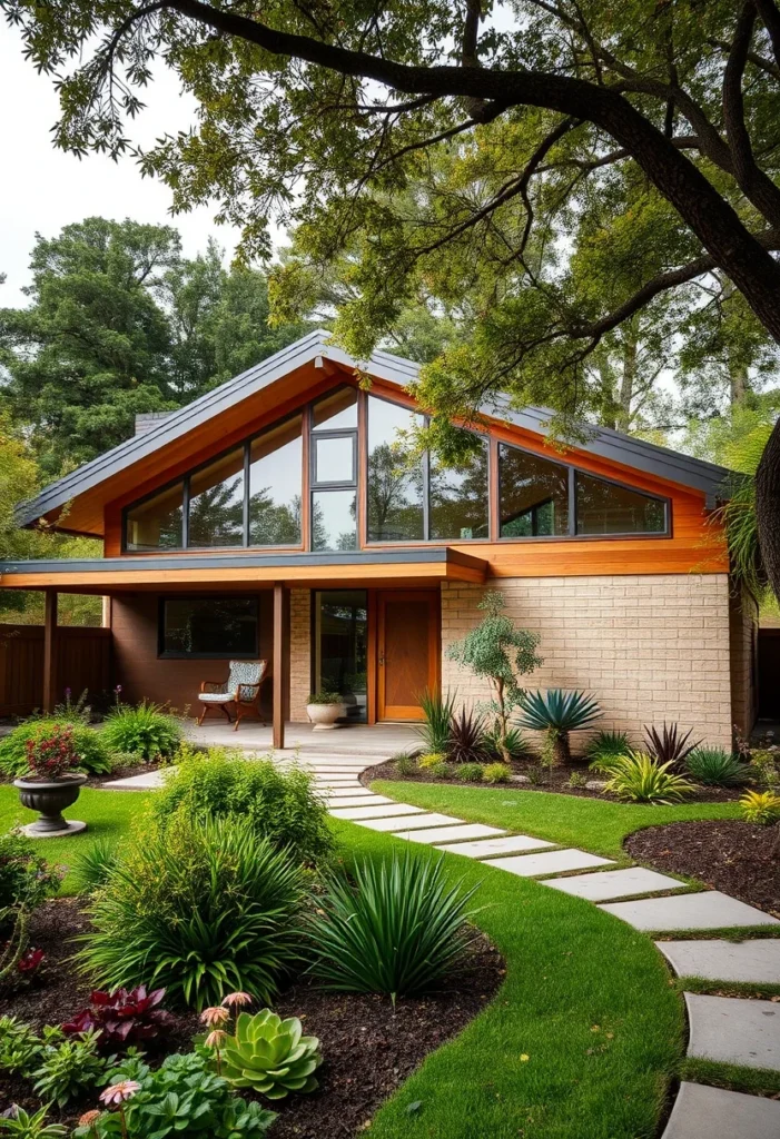 Mid-Century Modern Home with Brick and Wood Facade, Sharply Angled Roof, and Landscaped Front Yard.