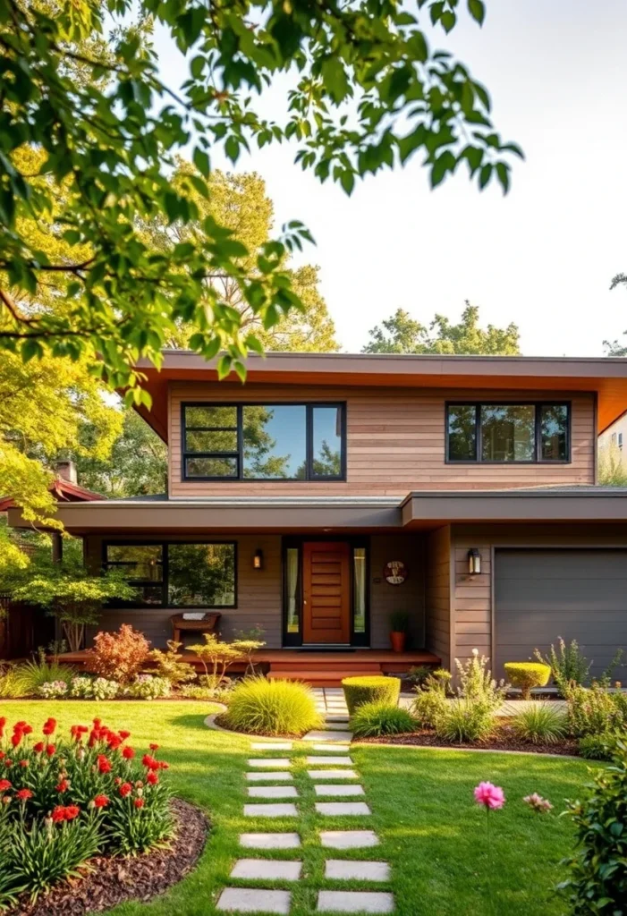 Two-Story Mid-Century Modern Home with Wood Facade, Large Windows, and Stone Pathway in the Front Yard.