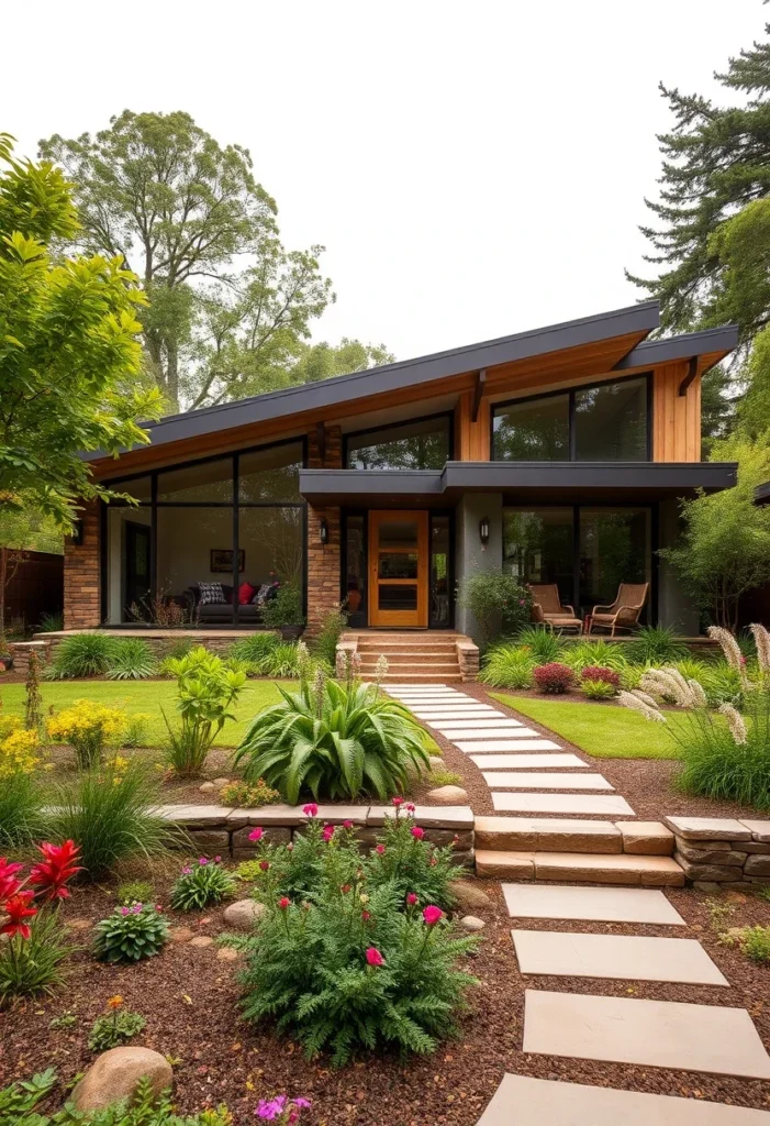 Modern House with Sloped Roof, Expansive Windows, and Tiered Landscaping with Stone Pathway.