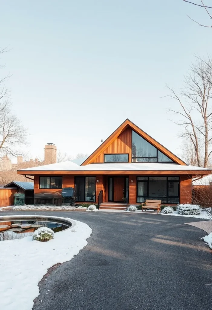 Modern A-Frame Cabin with Wood Exterior, Peaked Roof, Large Windows, and Circular Driveway in a Snowy Setting.