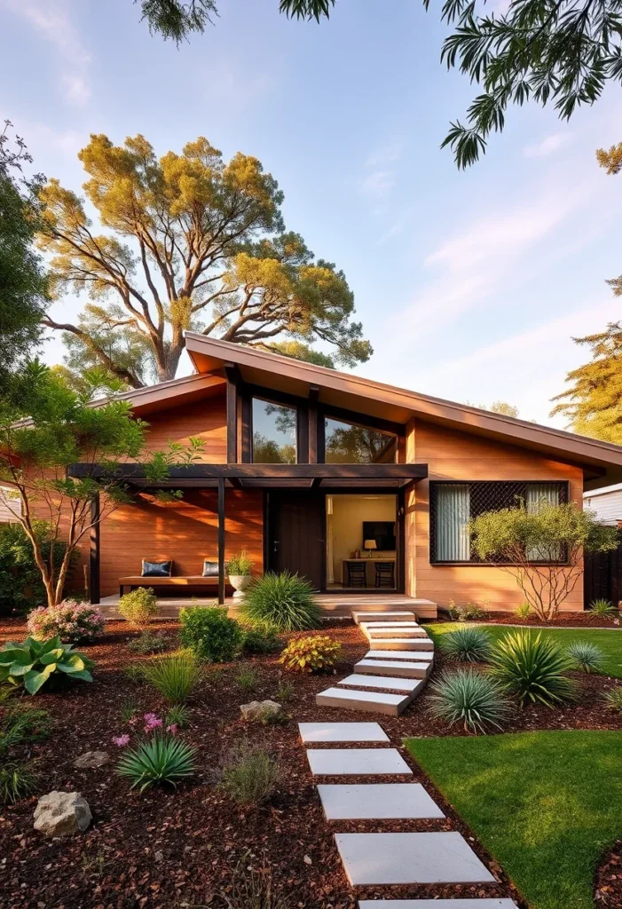 Mid-Century Modern Home with Angled Roof, Wood Facade, Covered Entryway with Bench, and Stone Pathway.