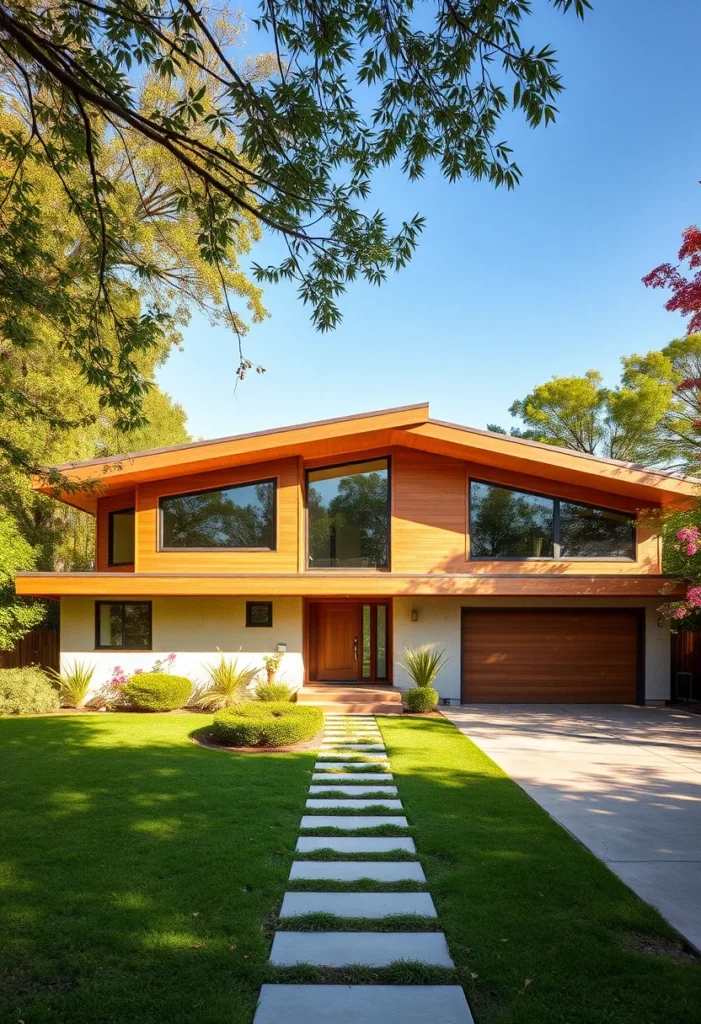 Two-Story Mid-Century Home with Angled Windows, Wood Facade, and Stone Pathway Leading to the Entrance.