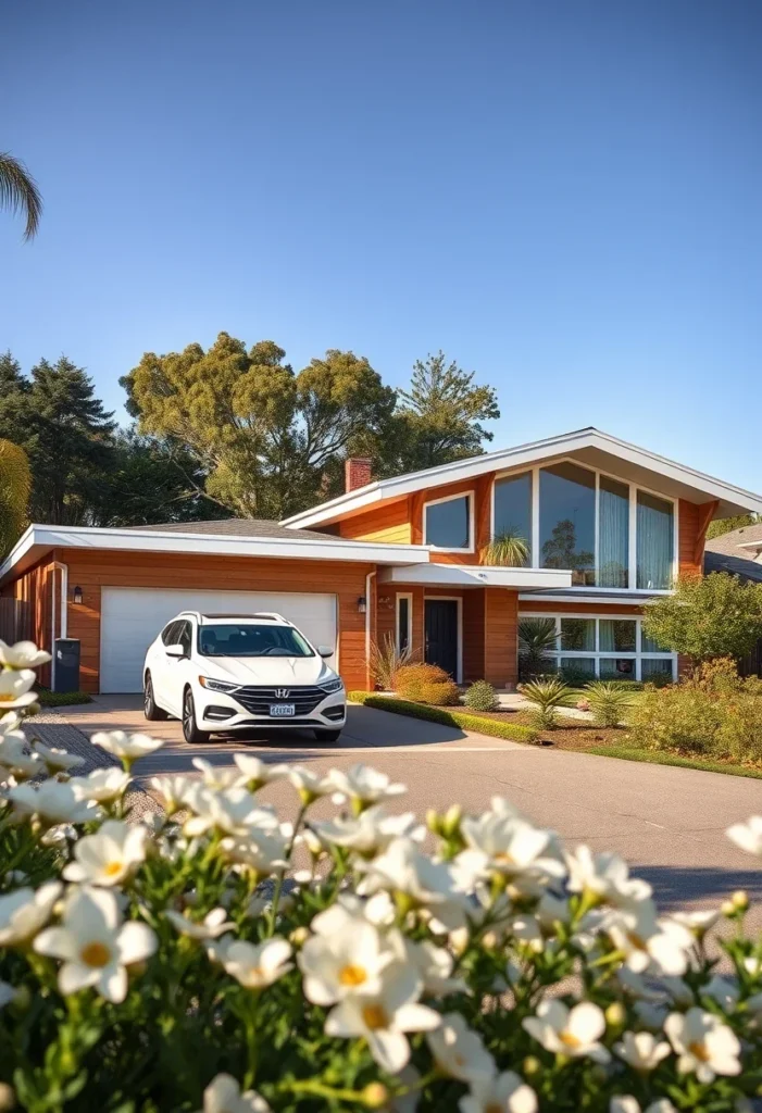 Mid-Century Home with Integrated Garage, Angled Roof, Expansive Windows, and Landscaped Front Yard.