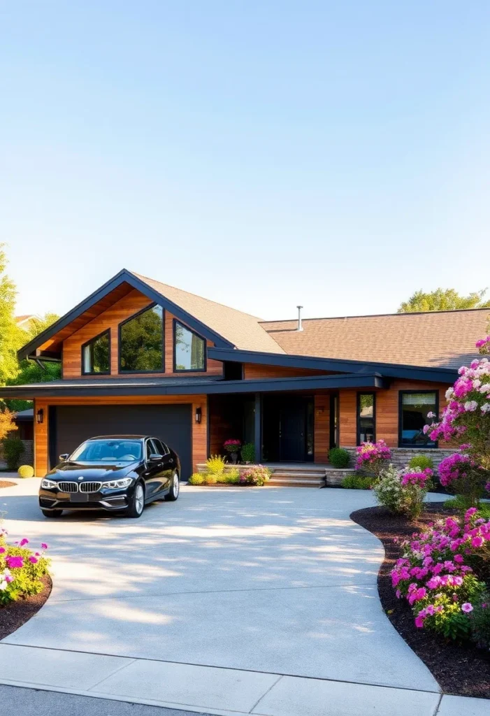 Mid-Century Home with Circular Driveway, Wood Siding, Dark Trim, Large Windows, and Landscaped Front Yard.