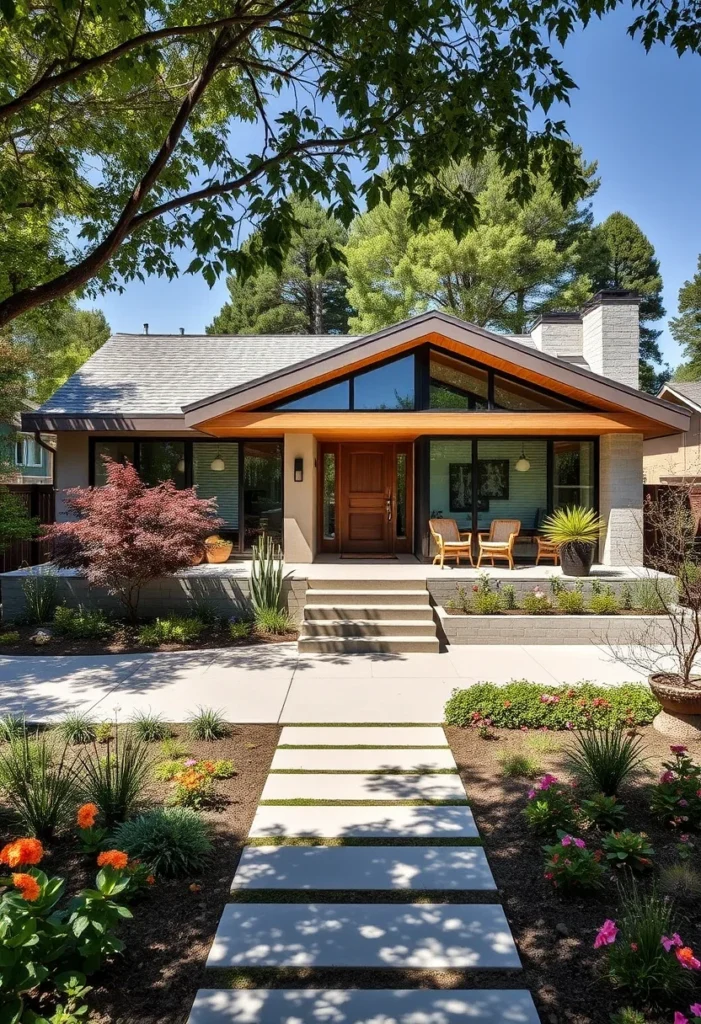 Mid-Century Modern Home Design with Large Windows and Well-Maintained Front Garden