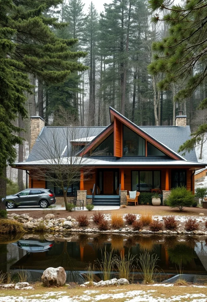 Mid-Century Modern Home in a Snowy Landscape with Stone Chimneys and Reflective Pond.