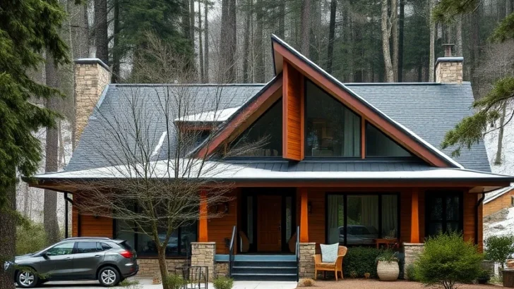 Mid-Century Modern Home in a Snowy Landscape with Stone Chimneys and Reflective Pond.