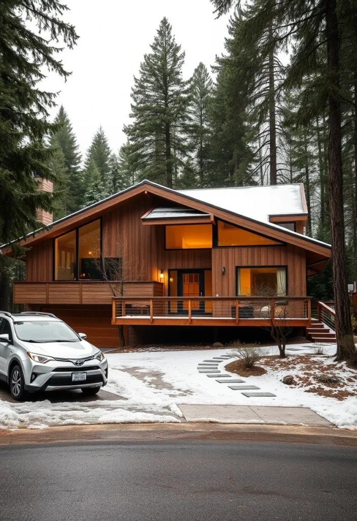 Mid-Century Modern Home with Wood Siding, Expansive Deck, and Snowy Surroundings.