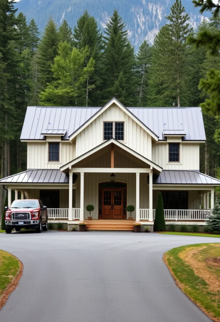 Classic farmhouse exterior with a white board and batten finish, metal roof, and wraparound porch.