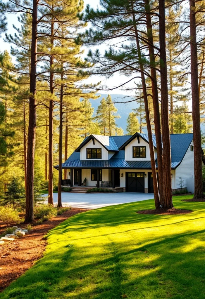 Modern farmhouse with white siding, black metal roof, and a woodland setting.