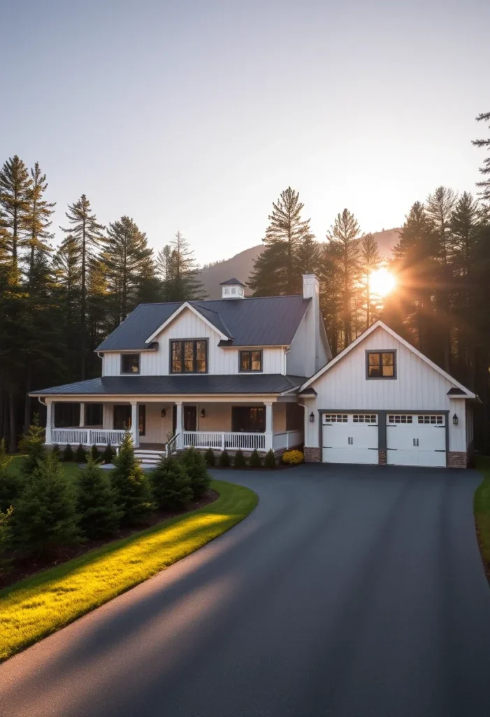 Classic white farmhouse with a wraparound porch, black metal roof, and barn-style garage doors.