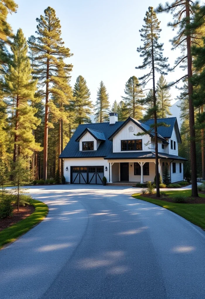 Modern farmhouse with white siding, black metal roof, and barn-style garage doors nestled among tall pine trees.