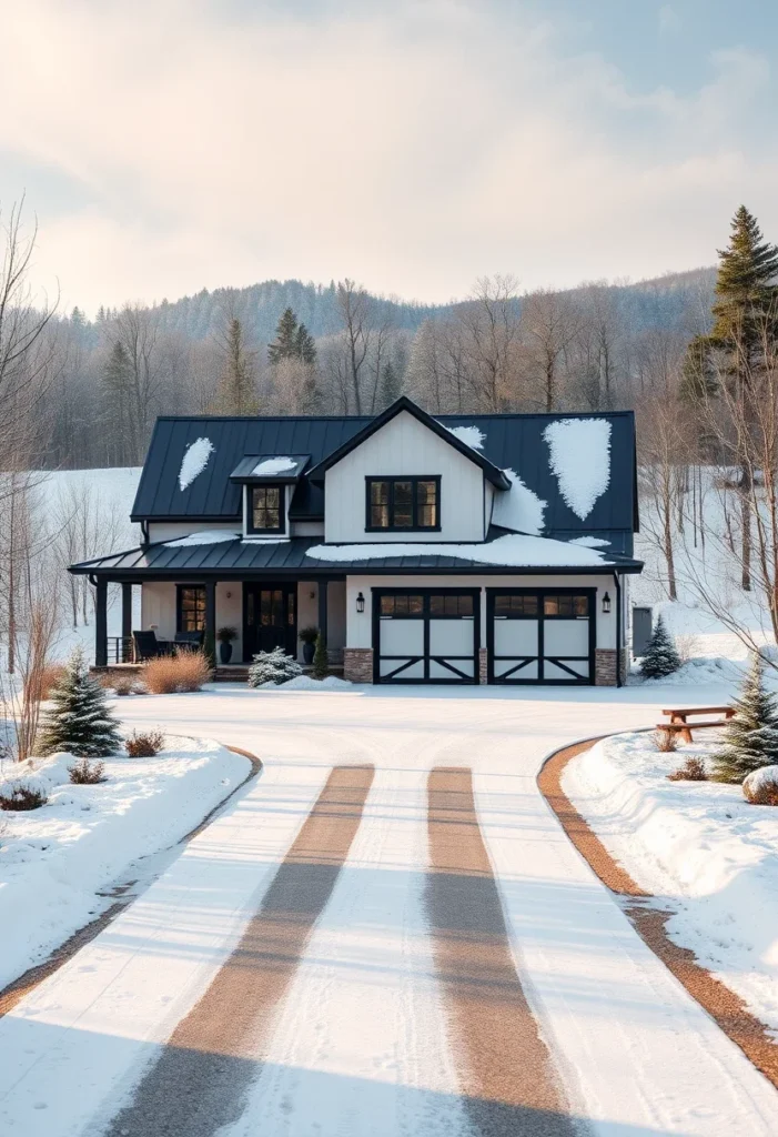 Modern farmhouse with a black metal roof, white siding, and barn-style garage doors in a snowy landscape.