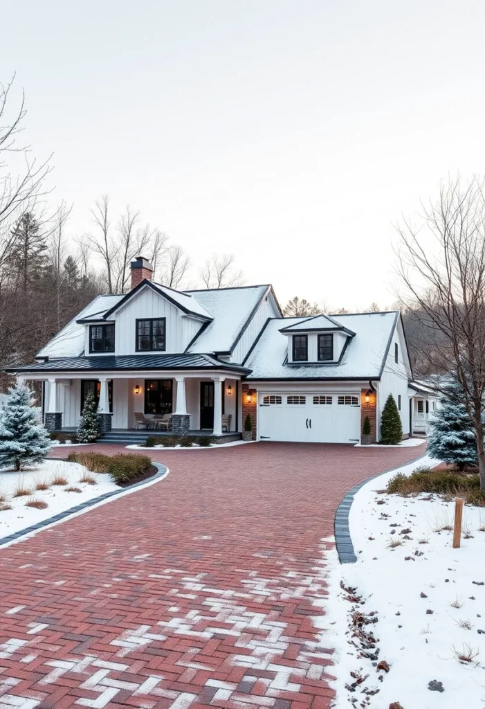 Elegant white farmhouse with black trim, metal roof, and a brick driveway in a winter landscape.