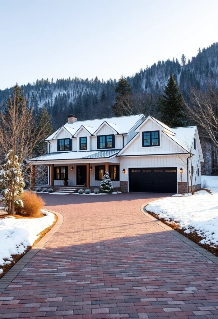 Modern white farmhouse with black windows, a brick driveway, and wooden porch beams in a snowy landscape.