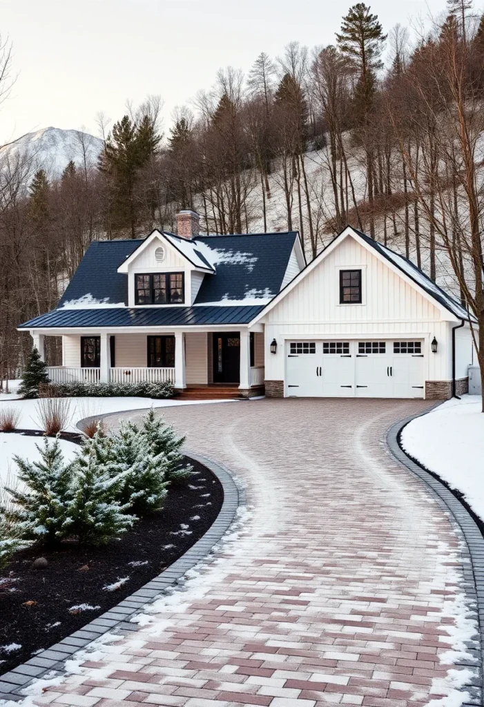 White cottage farmhouse with black windows, a brick driveway, and a covered porch in a snowy setting.