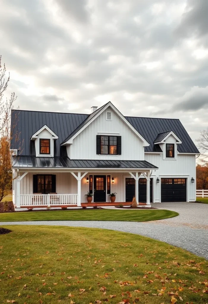 White farmhouse with black shutters, metal roof, and a wraparound porch.