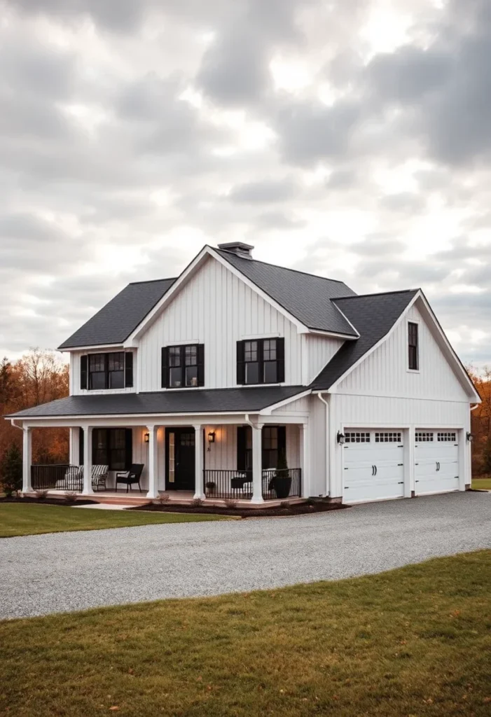 Two-story white farmhouse with black shutters, wraparound porch, and garage.